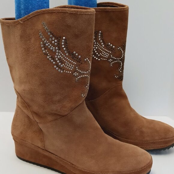 Reba Studded Angel Wings brown leather suede wedge boots - Picture 1 of 6